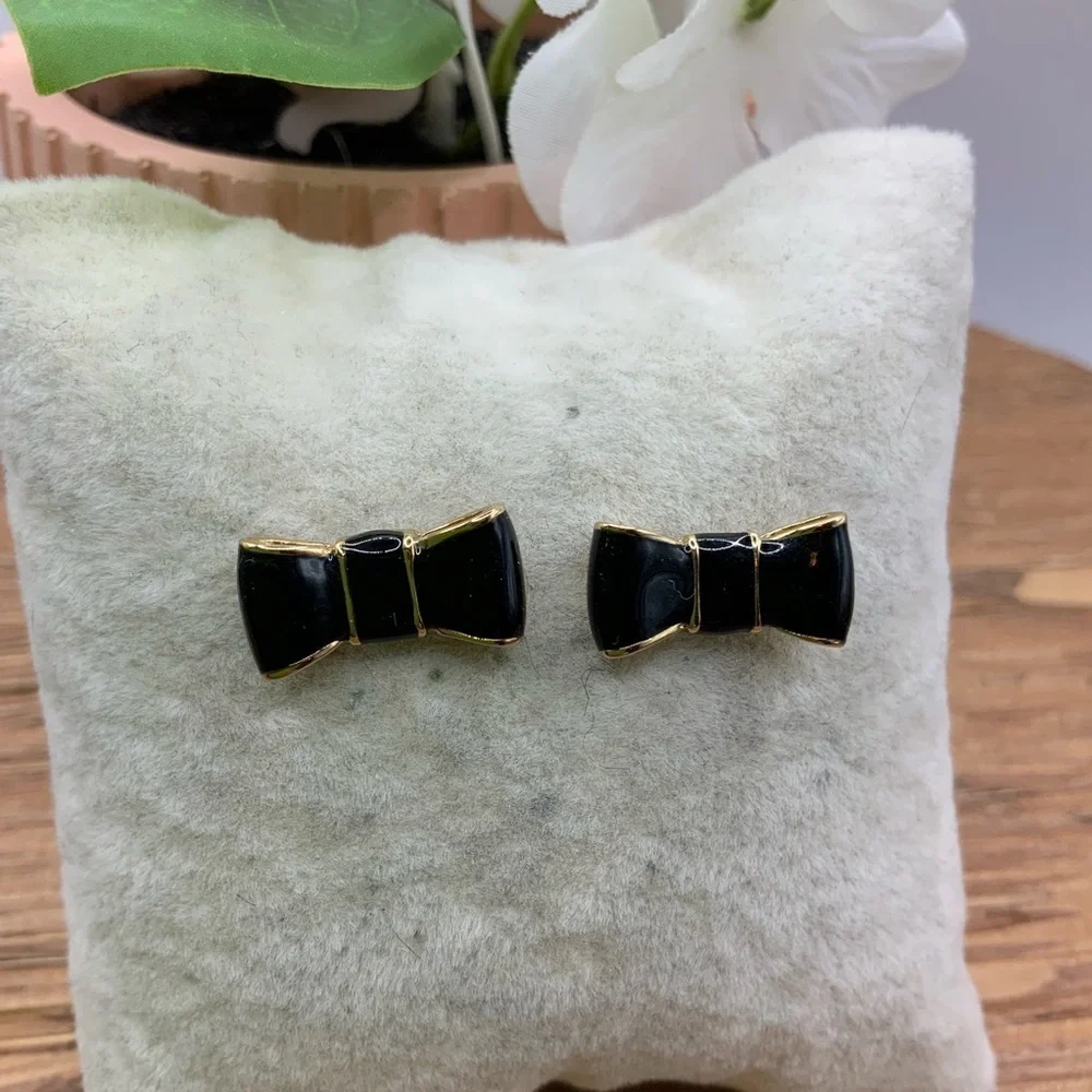 Kate Spade New York Black and Gold Tone Bow Stud Earrings